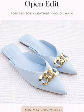Open Edit Blue Pointed Toe Mules Gold Chain Slip On Minimal Chic 7.5